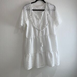 Blu pepper white Pom Pom beach‎ coverup v neck tassle dress size small